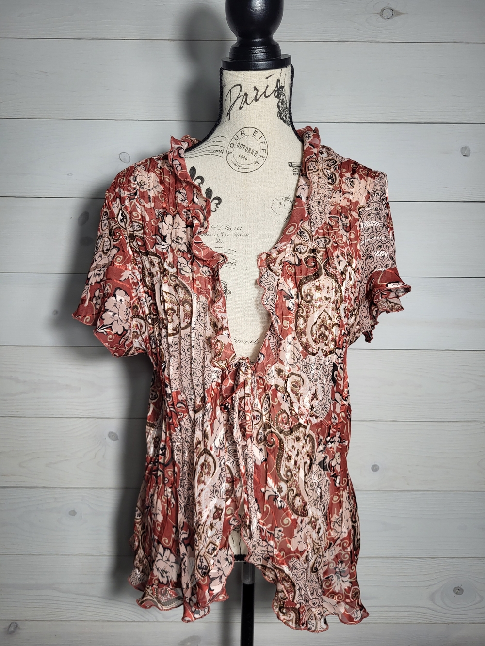 Women's Top Rust Paisley Ruffle Crinkle Tie-Front Whimsical Y2K Fairygrunge BOHO